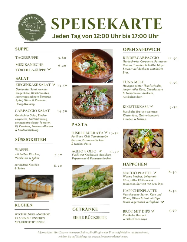 Café Menukaart Speisekarte Kloster Graefenthal
