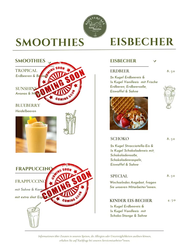 Café Menukaart Speisekarte Kloster Graefenthal